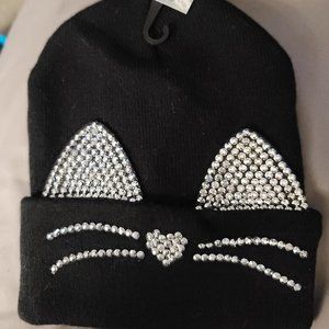 Kitty Cat Black/Rhinestone Beanie Hat